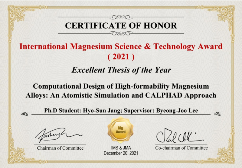 Dr. Hyo-Sun Jang received the 2021 Excellent Thesis of the Year from the International Mg Society