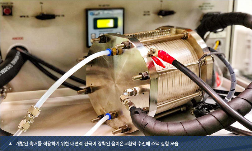 개발된 촉매를 적용하기 위한 대면적 전극이 장착된 음이온교환막 수전해 스택 실험 모습