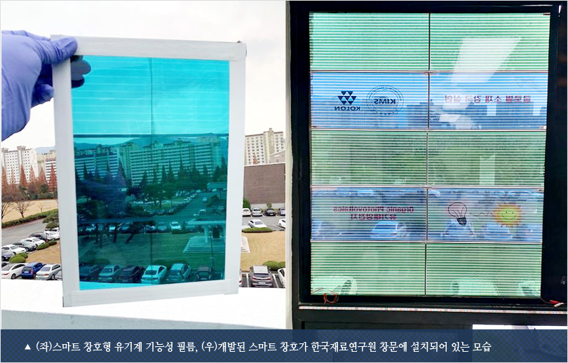 (좌)스마트 창호형 유기계 기능성 필름, (우)개발된 스마트 창호가 한국재료연구원 창문에 설치되어 있는 모습